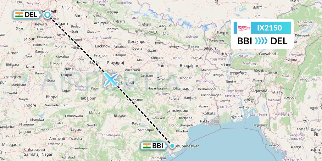 IX2150 Air India Express Flight Map: Bhubaneswar to Delhi