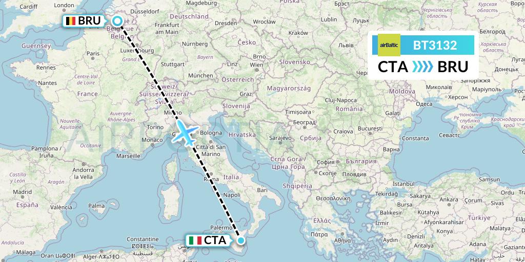 BT3132 Air Baltic Flight Map: Catania to Brussels