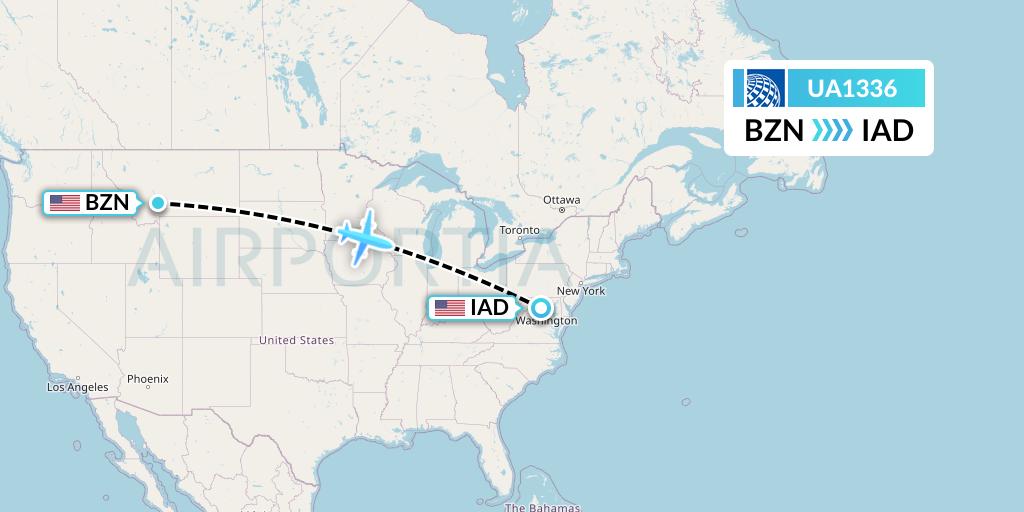 UA1336 United Airlines Flight Map: Bozeman to Washington