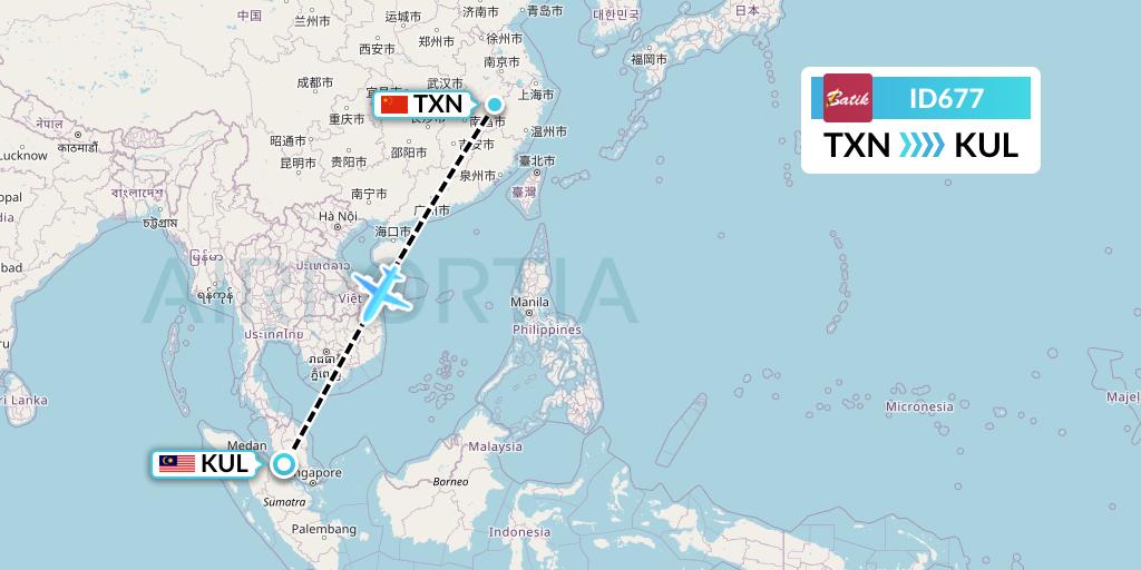 ID677 Batik Air Flight Map: Huangshan City to Kuala Lumpur