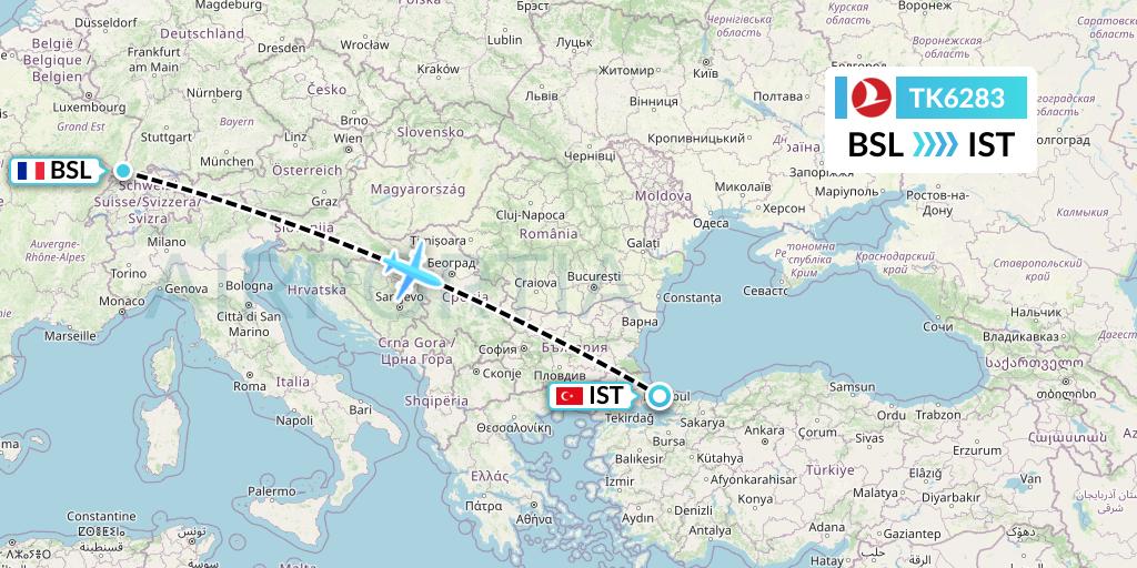 TK6283 Turkish Airlines Flight Map: Basel to Istanbul