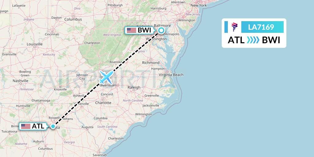 LA7169 LAN Airlines Flight Map: Atlanta to Baltimore