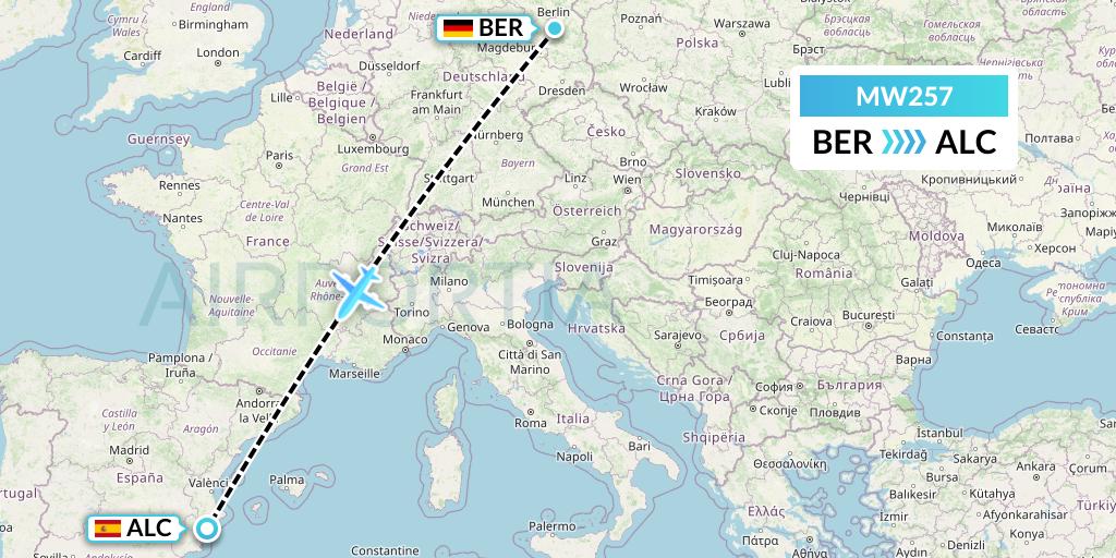MW257 Mokulele Flight Service Flight Map: Berlin to Alicante
