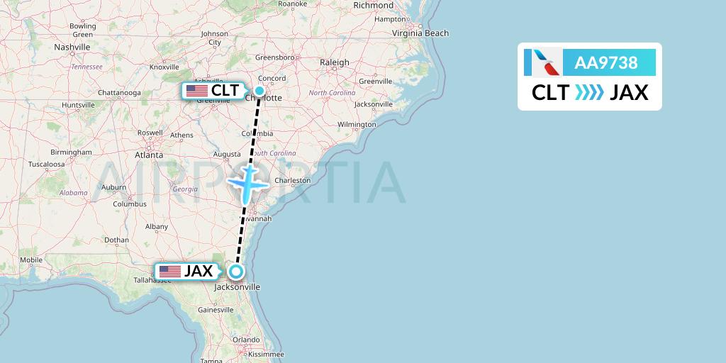 AA9738 American Airlines Flight Map: Charlotte to Jacksonville