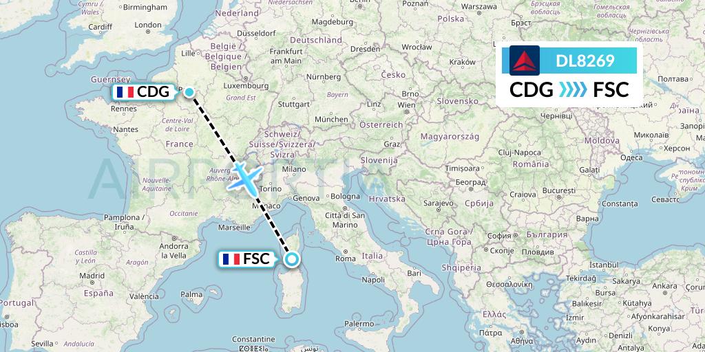 DL8269 Delta Air Lines Flight Map: Paris to Figari