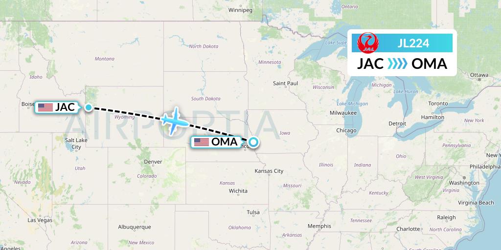 JL224 Japan Airlines Flight Map: Jackson to Omaha