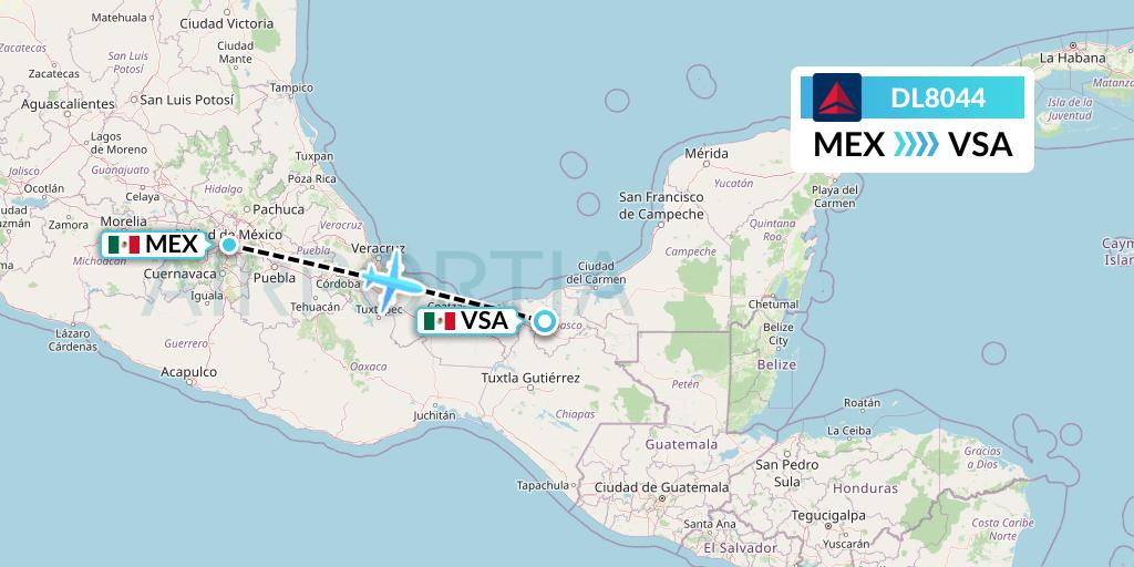 DL8044 Delta Air Lines Flight Map: Mexico City to Villahermosa