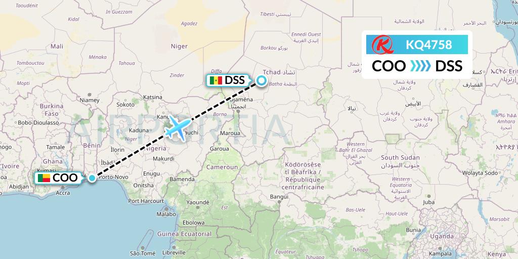 KQ4758 Kenya Airways Flight Map: Cotonou to Dakar