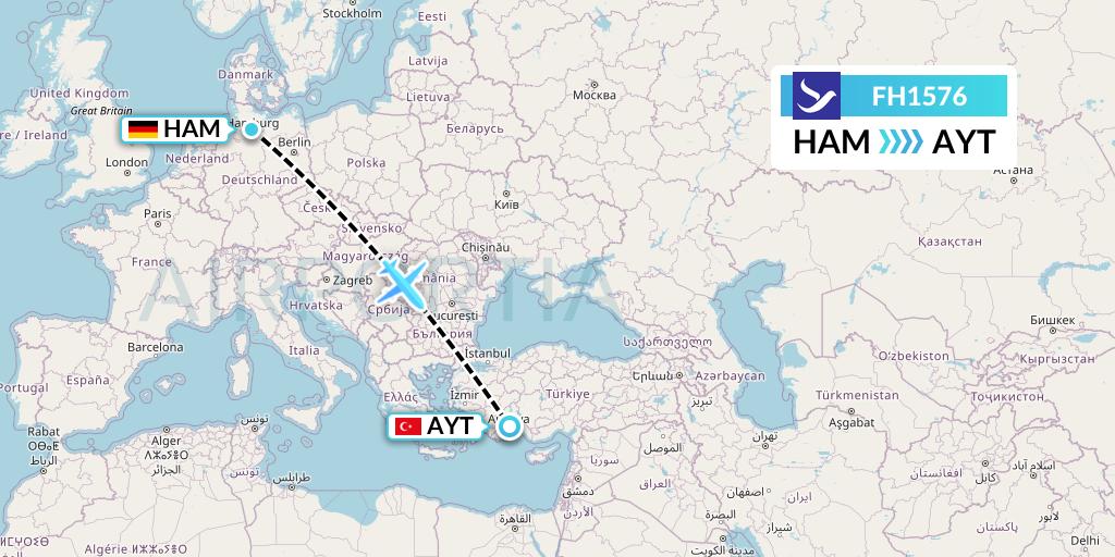 FH1576 Freebird Airlines Flight Map: Hamburg to Antalya