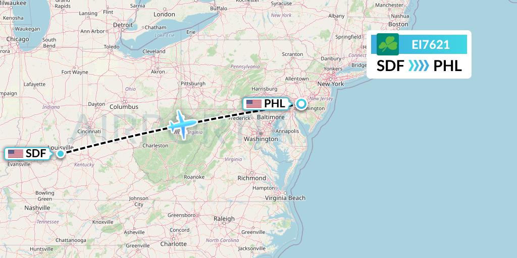 EI7621 Aer Lingus Flight Map: Louisville to Philadelphia
