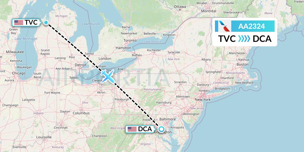 AA2324 American Airlines Flight Map: Traverse City to Washington