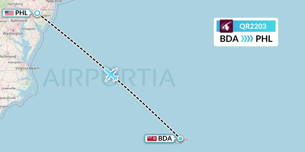QR2203 Qatar Airways Flight Map: Bermuda to Philadelphia