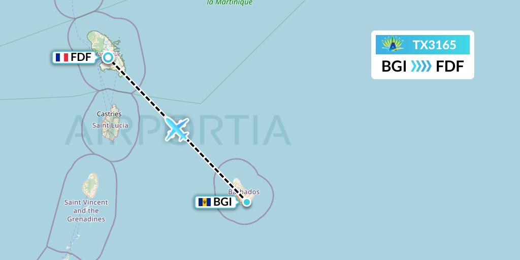 TX3165 Air Caraibes Flight Map: Bridgetown to Fort-de-France