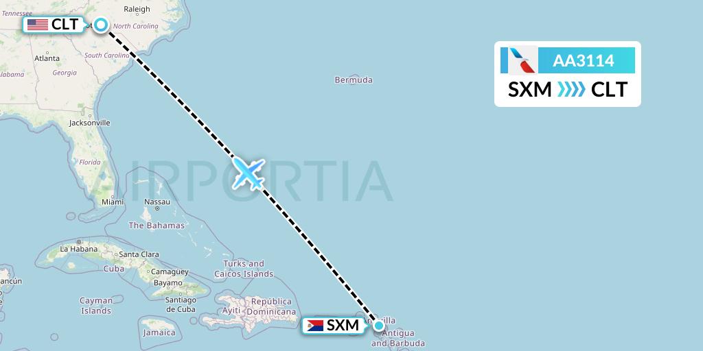 AA3114 American Airlines Flight Map: Sint Maarten to Charlotte