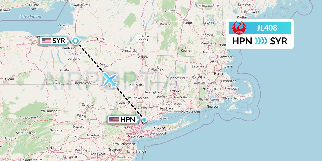JL408 Japan Airlines Flight Map: White Plains to Syracuse