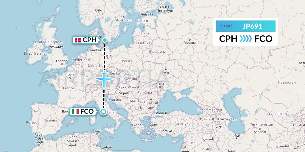 JP691 Adria Airways Flight Map: Copenhagen to Rome