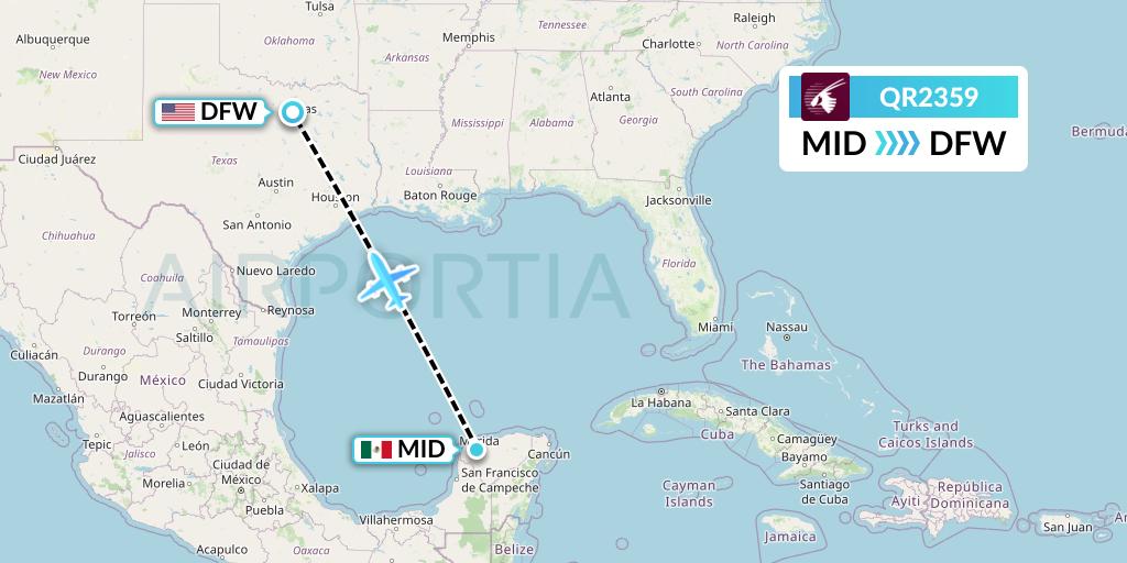 QR2359 Qatar Airways Flight Map: Merida to Dallas