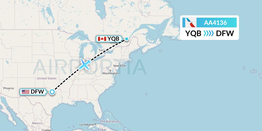 AA4136 American Airlines Flight Map: Quebec to Dallas