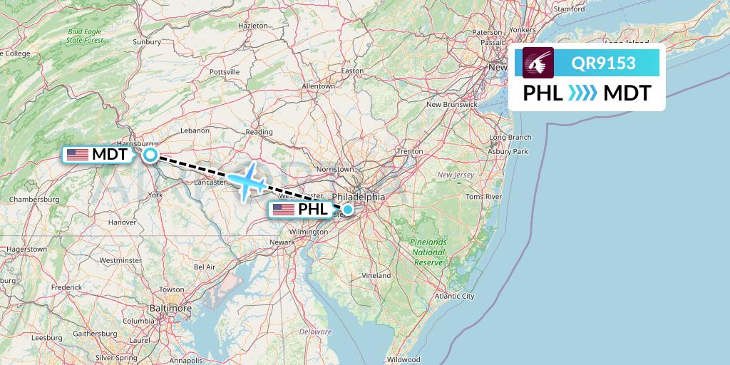 QR9153 Qatar Airways Flight Map: Philadelphia to Harrisburg