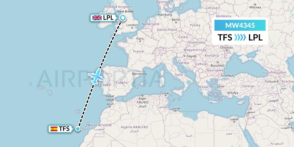 MW4345 Mokulele Flight Service Flight Map: Tenerife to Liverpool