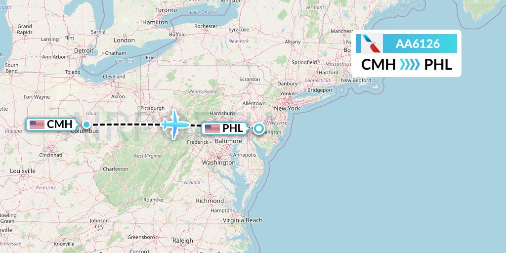 AA6126 American Airlines Flight Map: Columbus to Philadelphia