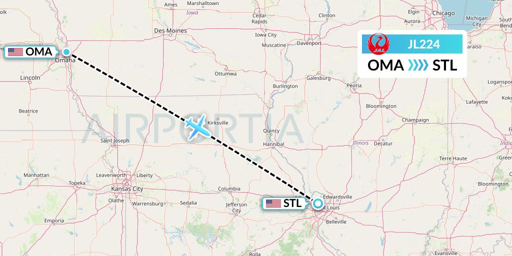 JL224 Japan Airlines Flight Map: Omaha to St. Louis