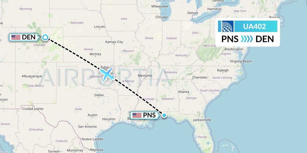 UA402 United Airlines Flight Map: Pensacola to Denver