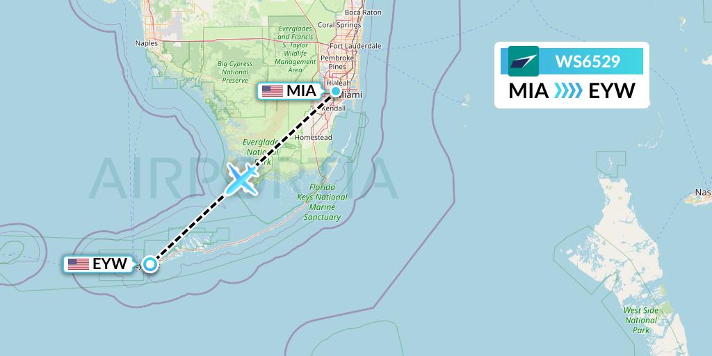 WS6529 WestJet Flight Map: Miami to Key West