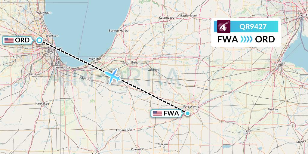QR9427 Qatar Airways Flight Map: Fort Wayne to Chicago