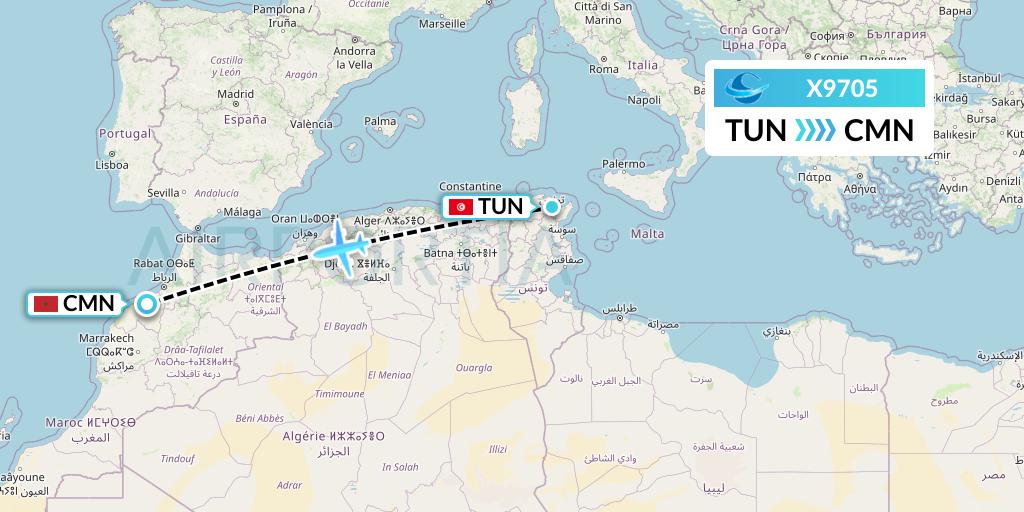 X9705 Avion Express Flight Map: Tunis to Casablanca