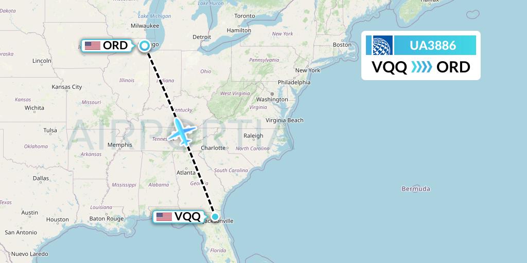 UA3886 United Airlines Flight Map: Jacksonville to Chicago