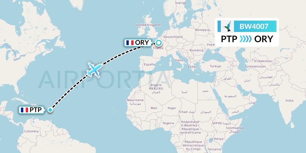 BW4007 Caribbean Airlines Flight Map: Pointe-a-Pitre to Paris
