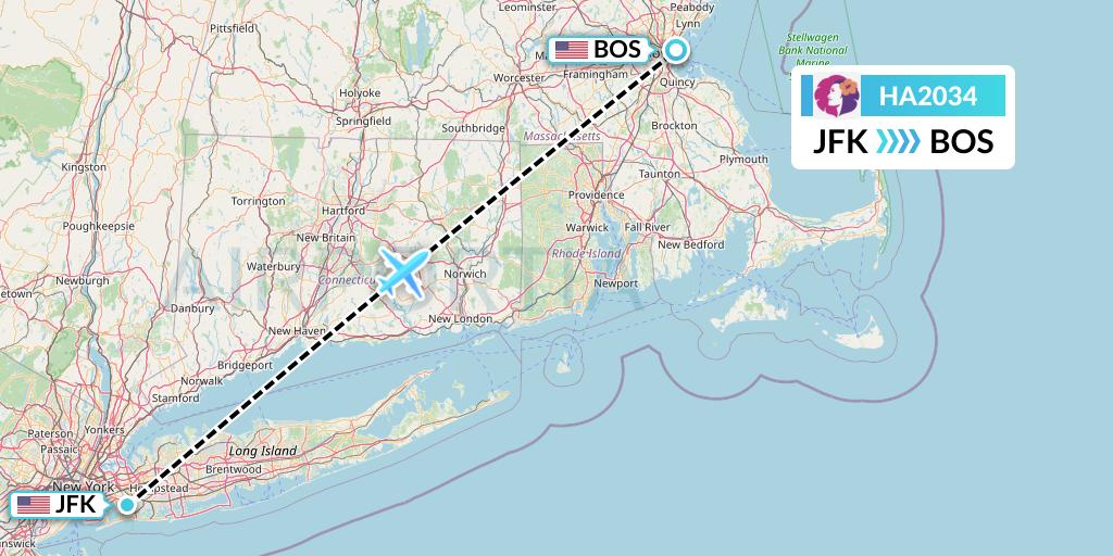 HA2034 Hawaiian Airlines Flight Map: New York to Boston