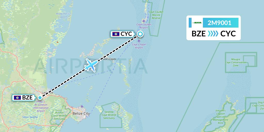 2M9001 Maya Island Air Flight Map: Belize City to Caye Chapel