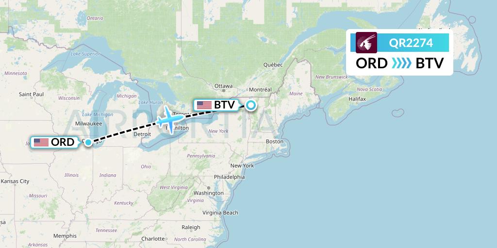 QR2274 Qatar Airways Flight Map: Chicago to Burlington