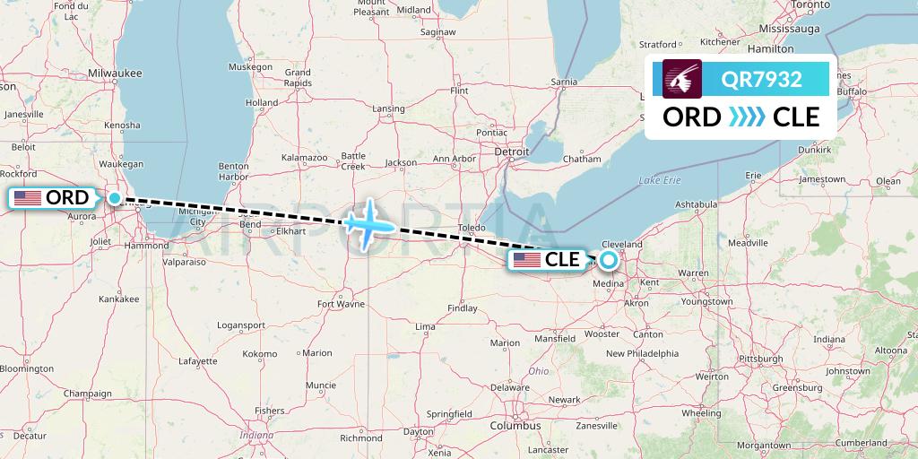 QR7932 Qatar Airways Flight Map: Chicago to Cleveland
