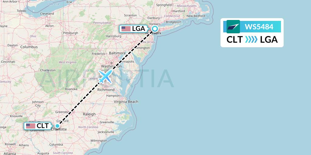 WS5484 WestJet Flight Map: Charlotte to New York
