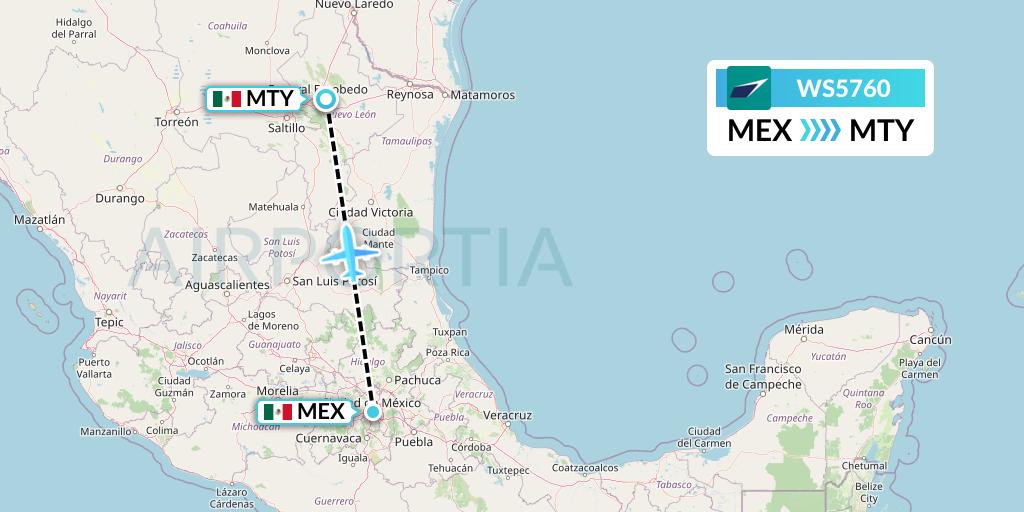 WS5760 WestJet Flight Map: Mexico City to Monterrey