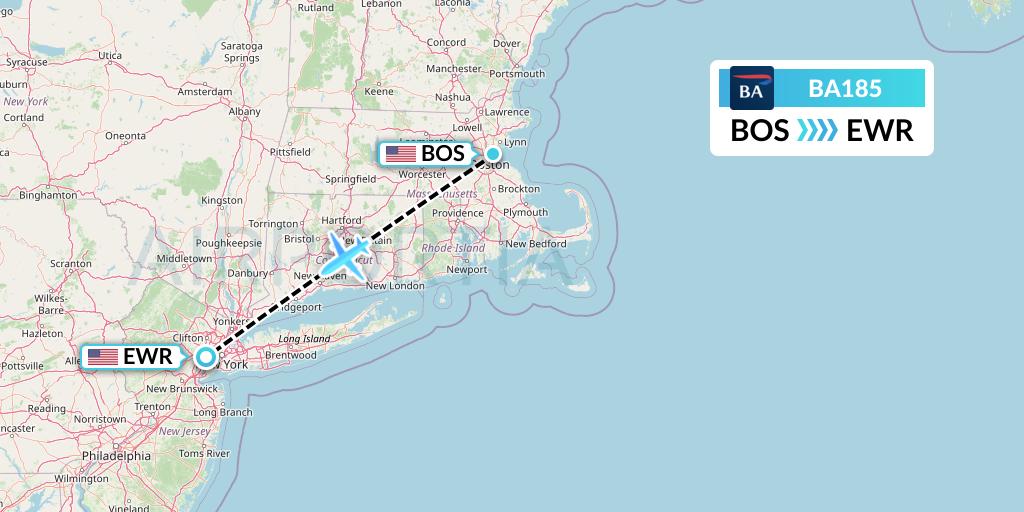 BA185 British Airways Flight Map: Boston to New York