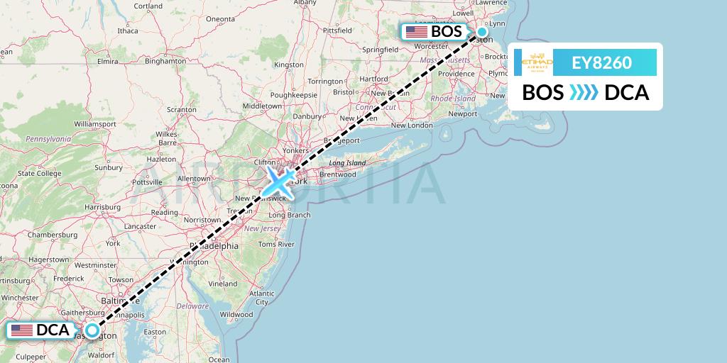 EY8260 Etihad Airways Flight Map: Boston to Washington
