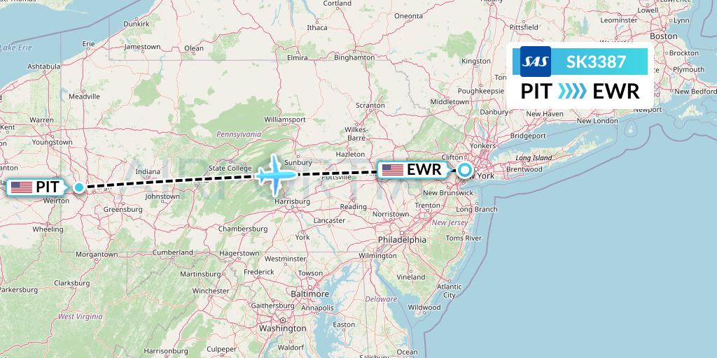 SK3387 SAS Flight Map: Pittsburgh to New York