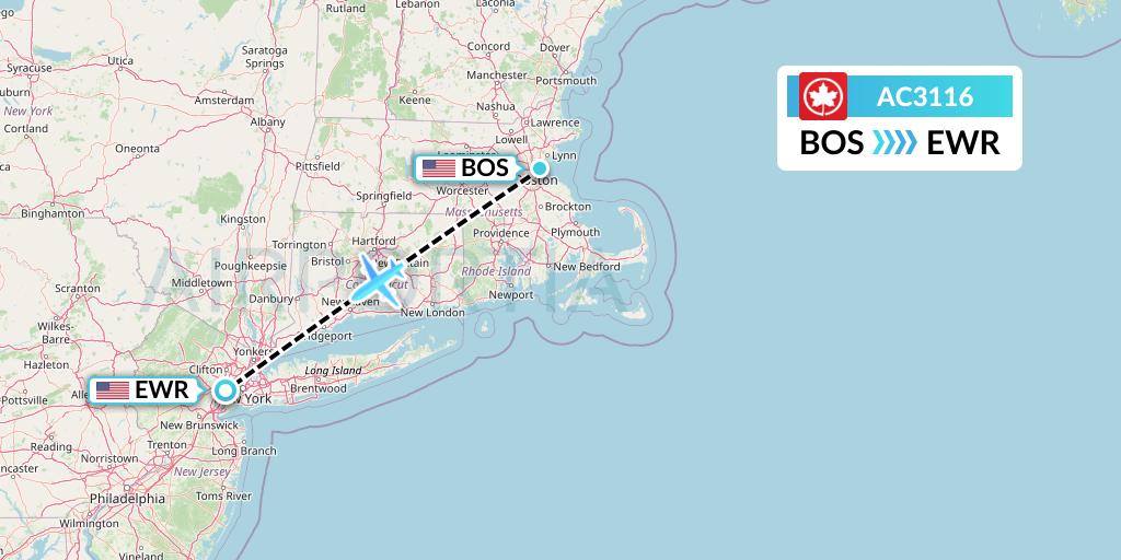 AC3116 Air Canada Flight Map: Boston to New York