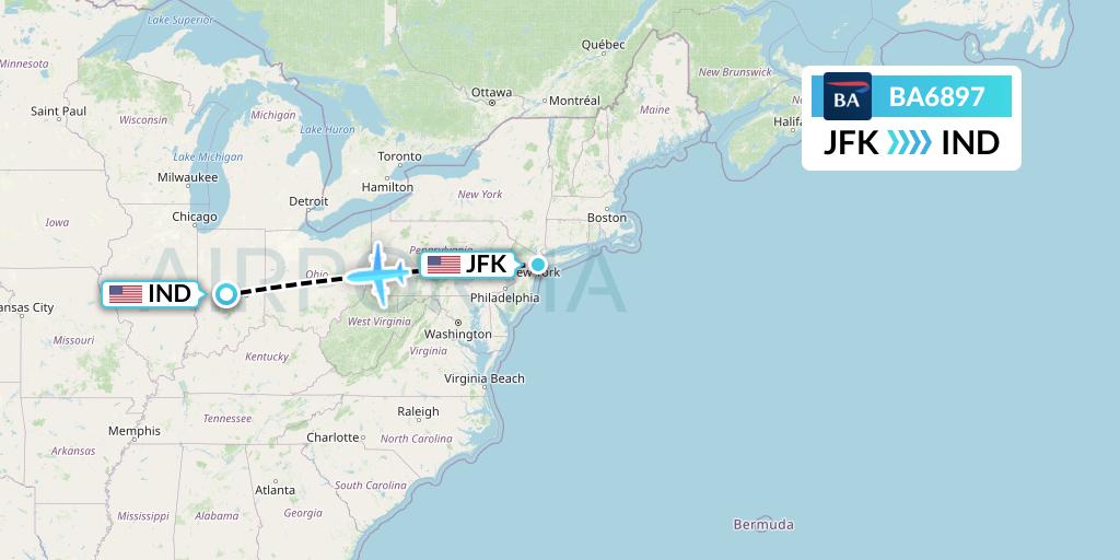 BA6897 British Airways Flight Map: New York to Indianapolis