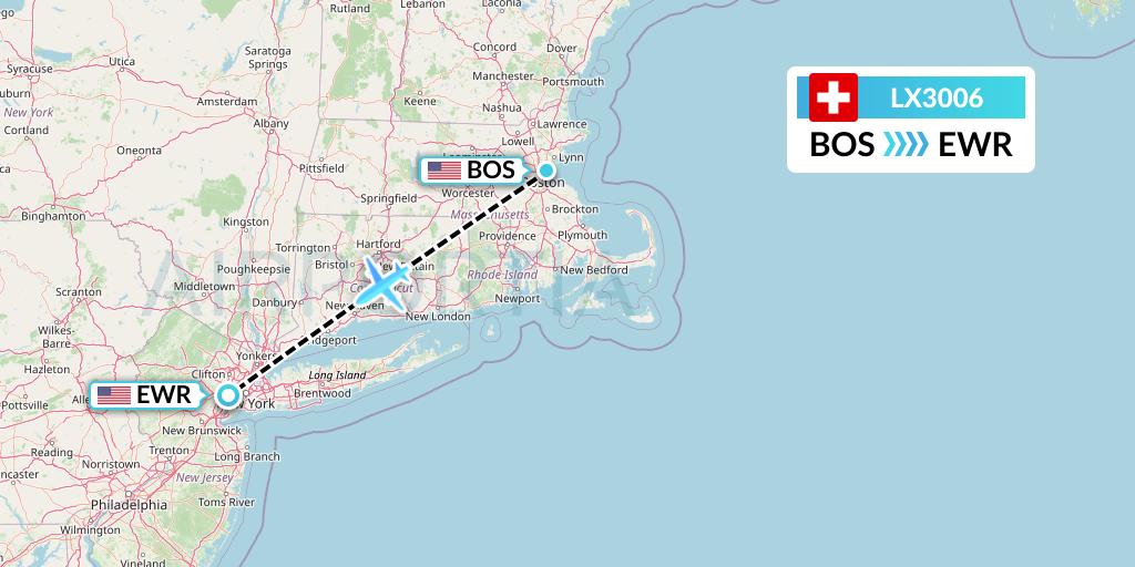 LX3006 Swiss Flight Map: Boston to New York