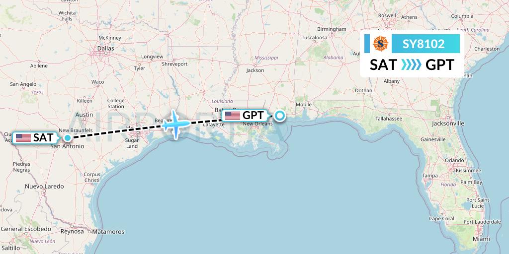 SY8102 Sun Country Airlines Flight Map: San Antonio to Gulfport