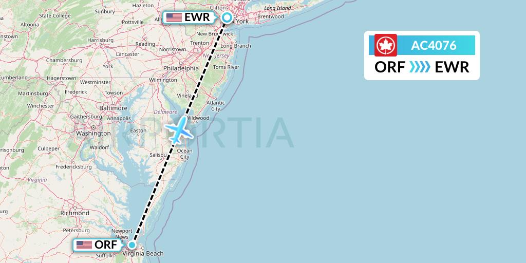 AC4076 Air Canada Flight Map: Norfolk to New York