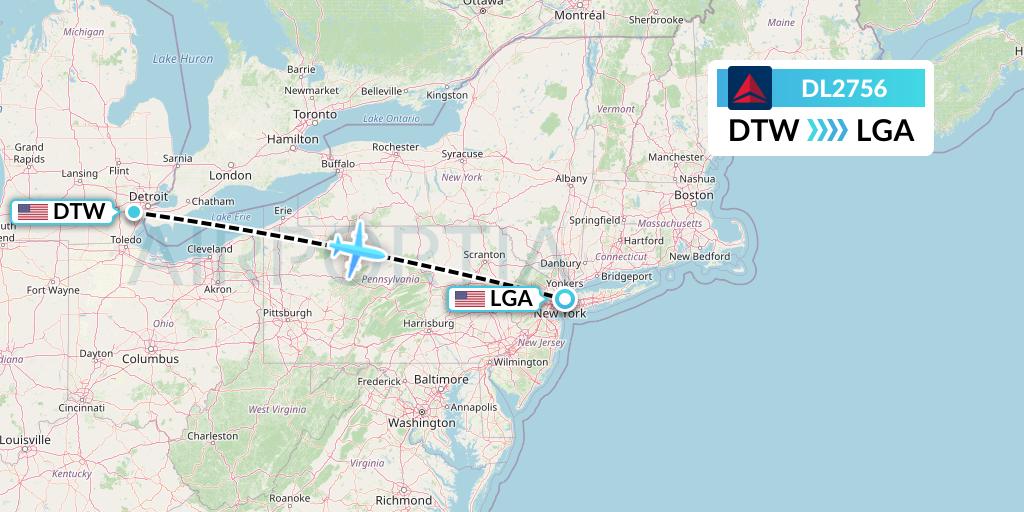 DL2756 Delta Air Lines Flight Map: Detroit to New York