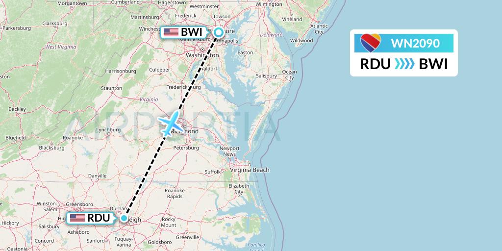 WN2090 Southwest Airlines Flight Map: Raleigh-Durham to Baltimore