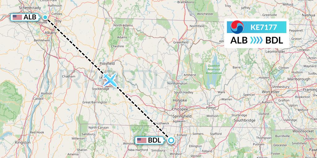 KE7177 Korean Air Flight Map: Albany to Windsor Locks