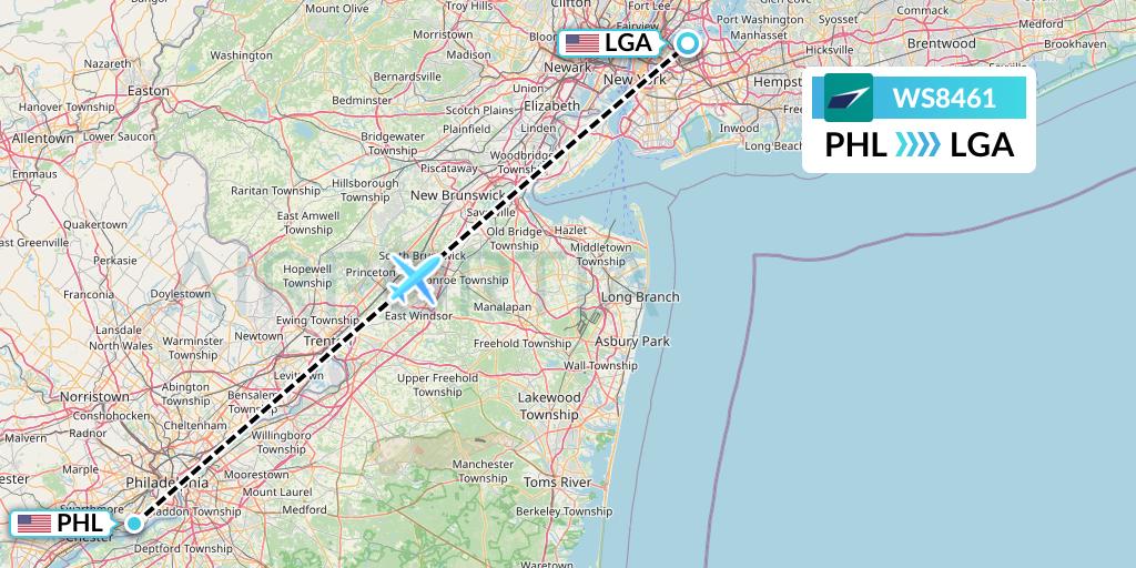 WS8461 WestJet Flight Map: Philadelphia to New York